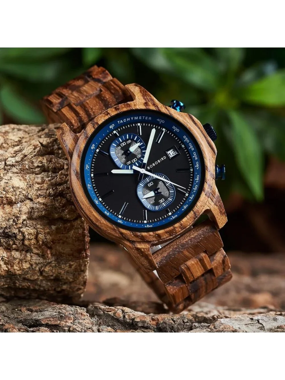 Men's Blue Analog Quartz Ultra-Light Luminous Chronograph Casual Wooden Watch